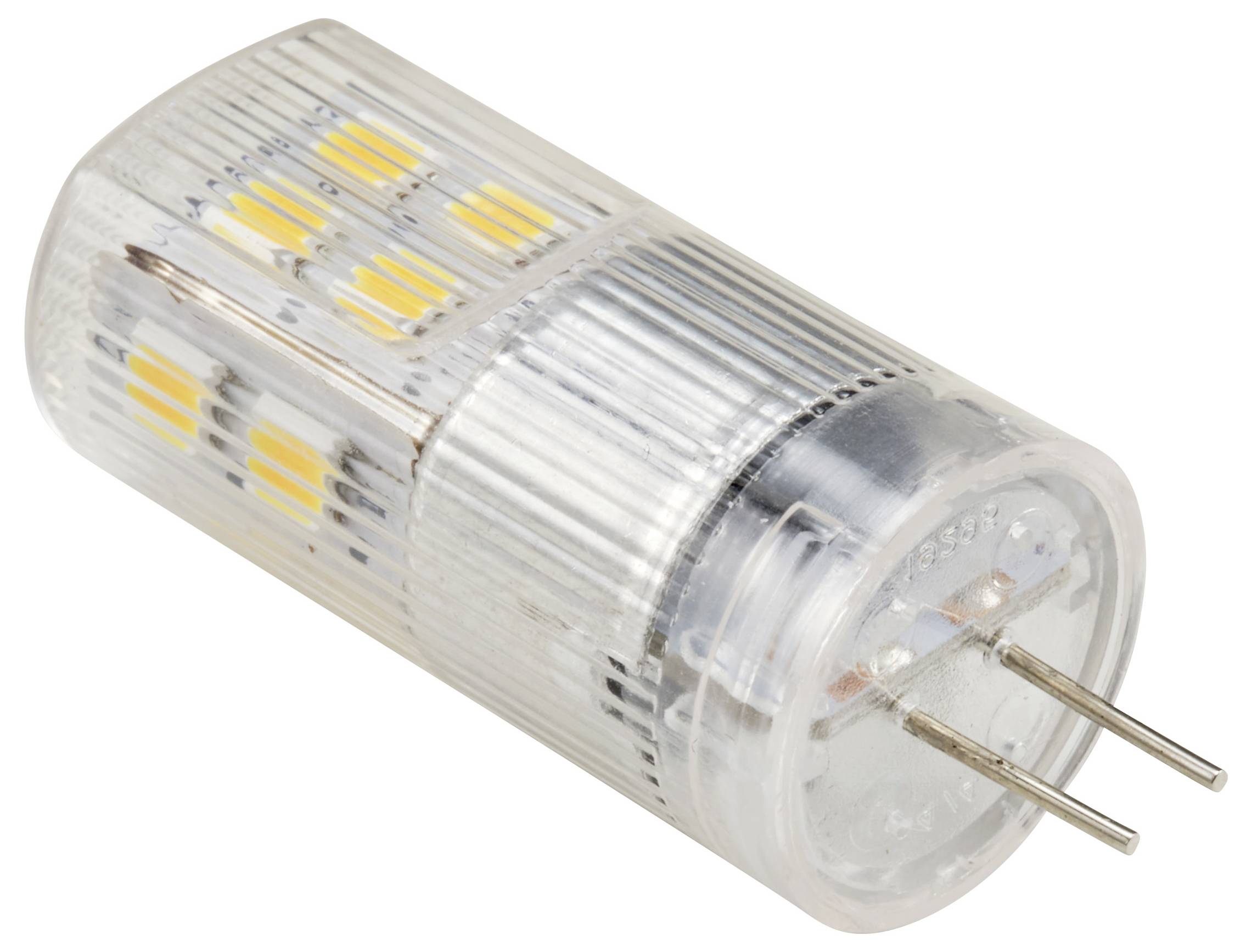 LED lampa s dvoma kovovými kolíkmi na zasunutie. Je priehľadná a vnútri obsahuje žlté svetelné prvky.