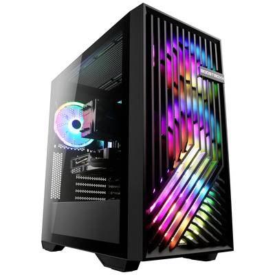 Čierna počítačová skrinka s priesvitnou bočnou stenou, ktorá odhaľuje pestrofarebné RGB podsvietenie a ventilátory vo vnútri.