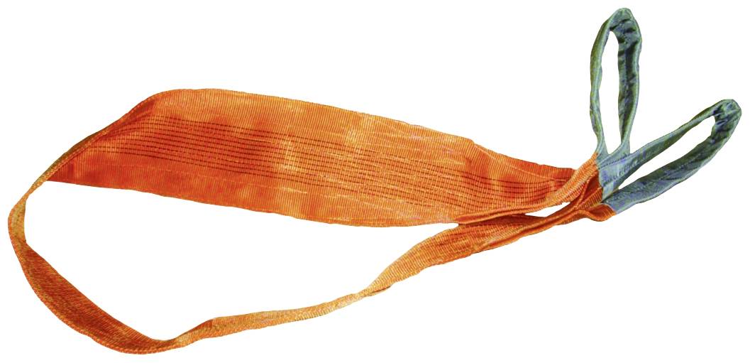 Oranžový zdvíhací popruh s modrými slučkami, používaný na zdvíhanie ťažkých bremien.