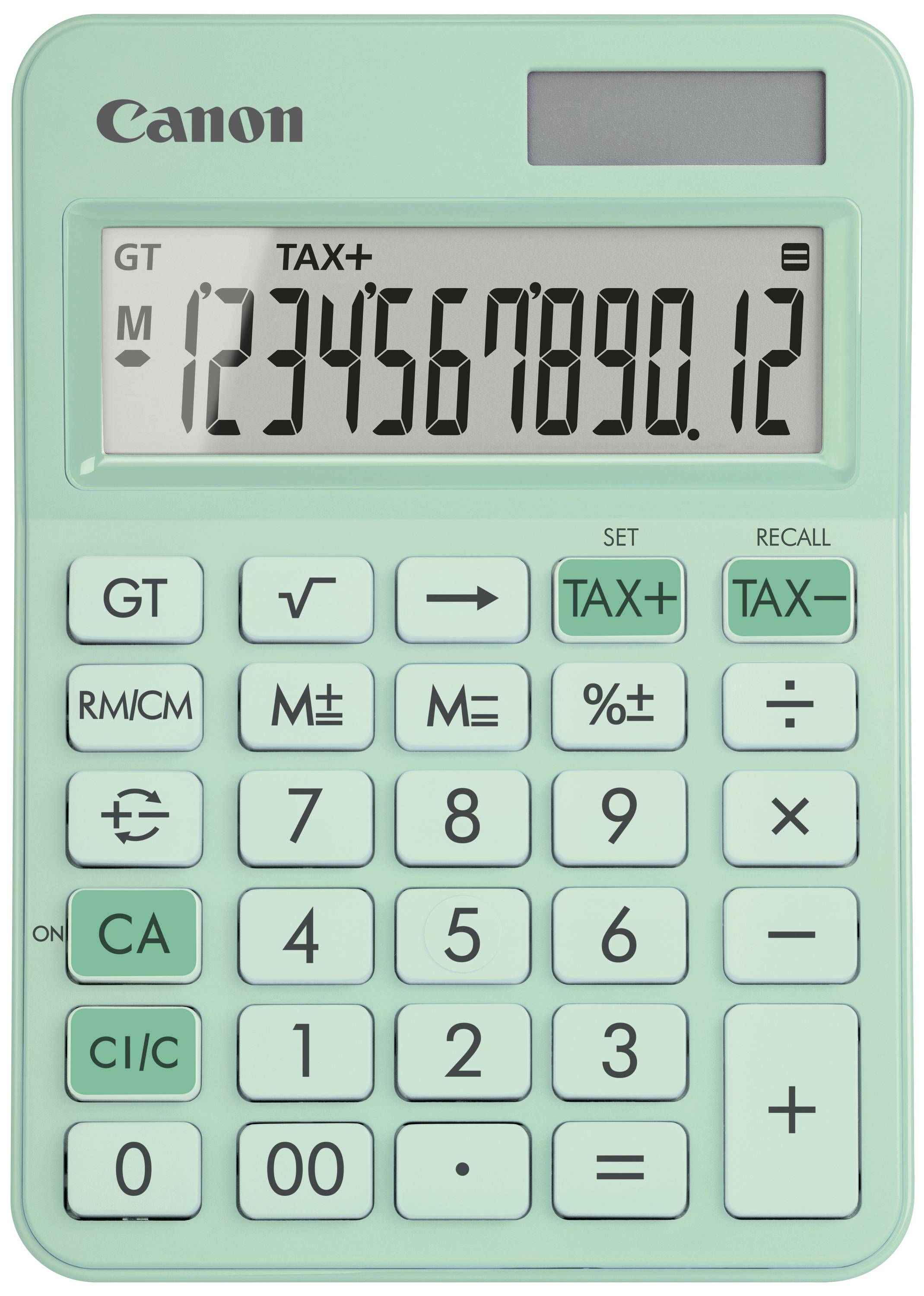 Zelená kalkulačka značky Canon s digitálnym displejom zobrazujúcim čísla '1234567890.12'. Obsahuje funkcie ako RM/CM a TAX+.