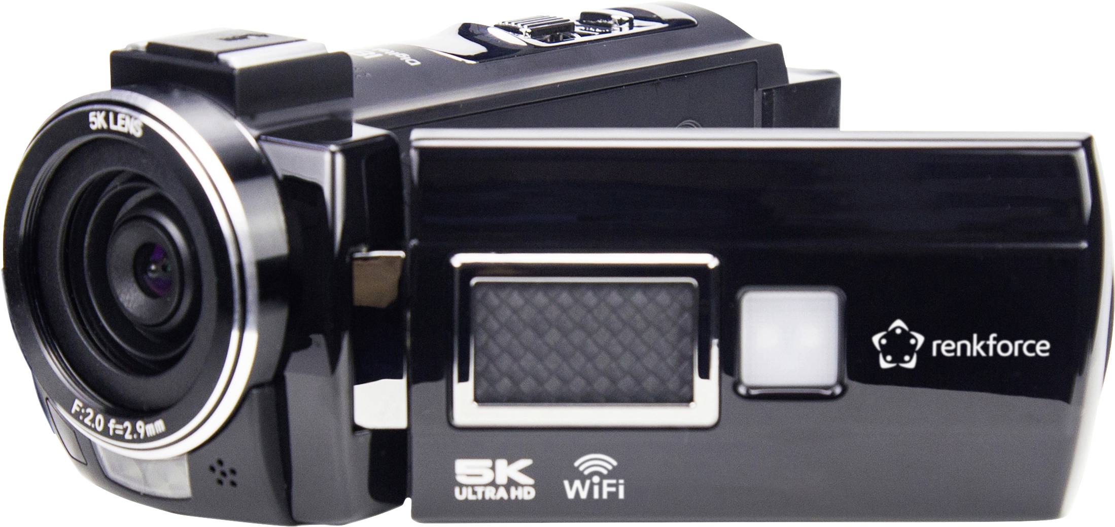 Čierna digitálna videokamera s výklopným displejom. Viditeľné sú popisy '5K ULTRA HD' a 'WiFi'.