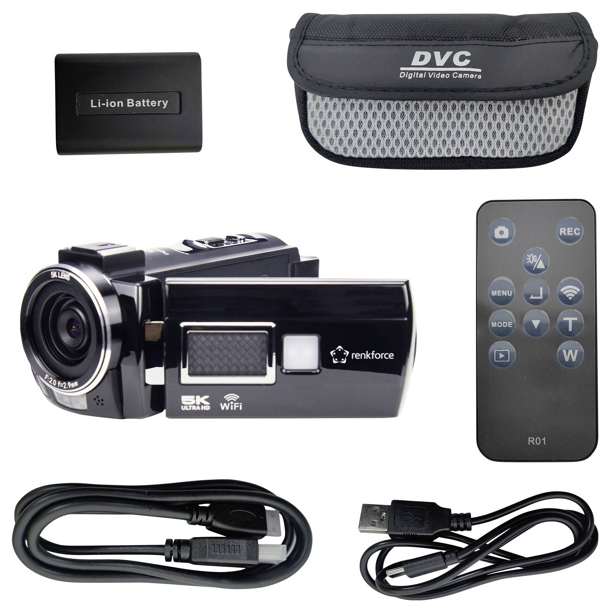 Digitálna videokamera so 16-násobným zoomom. Súčasťou balenia sú: diaľkové ovládanie, lítiovo-iónová batéria, taška a USB kábel.
