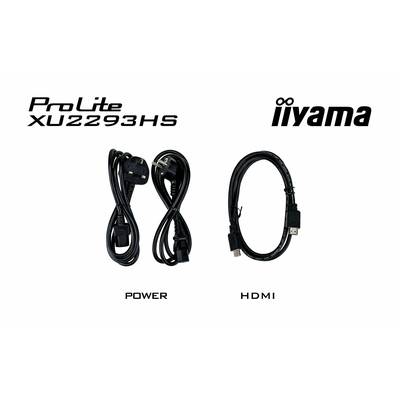 Logo 'ProLite XU2293HS' a 'iiyama' hore. Vľavo je sieťový kábel označený ako 'NAPÁJANIE', vpravo HDMI kábel označený ako 'HDMI'.