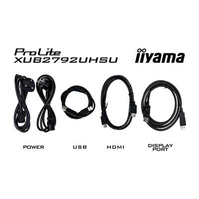 'Zobrazenie súčastí príslušenstva monitora iiyama ProLite XUB2792UHSU: sieťový kábel, USB kábel, HDMI kábel, DisplayPort kábel.'