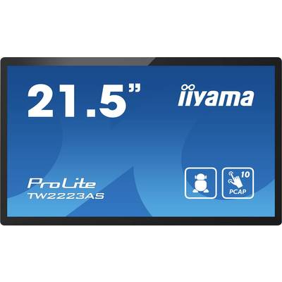Monitor s displejom s nápisom '21,5"' a 'ProLite TW2223AS', modrým pozadím a symbolmi pre dotykovú kontrolu a používateľa.