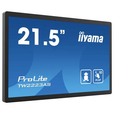 21,5" iiyama ProLite TW2223AS monitor, modrý pozadím, symbol pre kompatibilitu s dotykovým ovládaním.