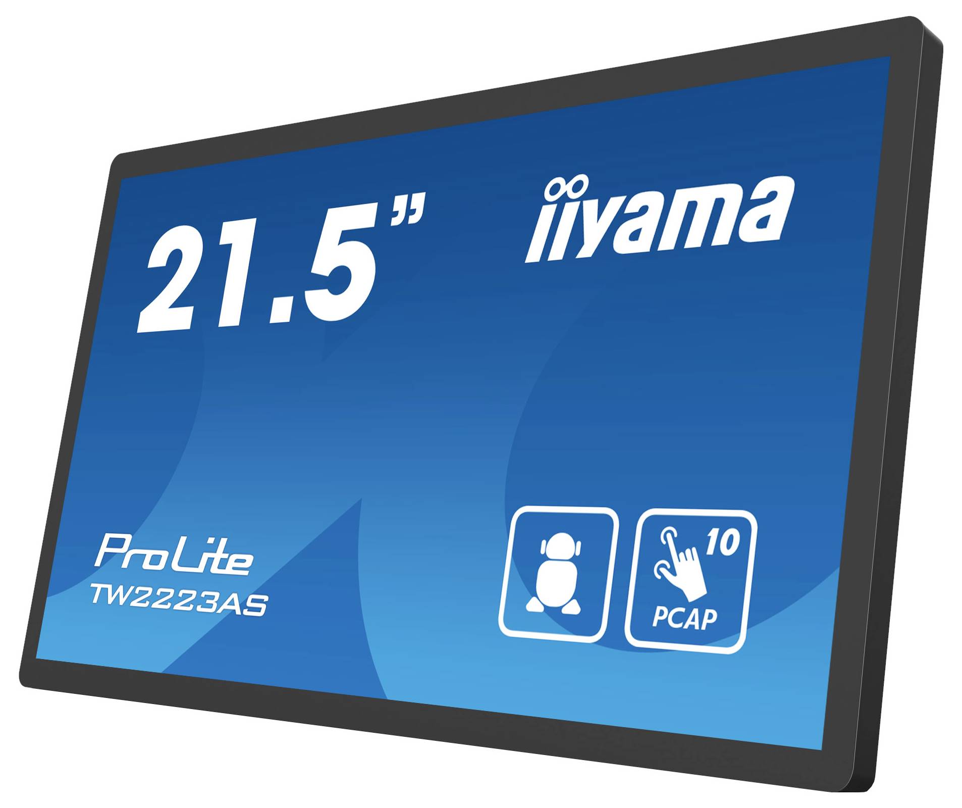 Monitor s nápisom '21,5"', značka 'iiyama'. Text 'ProLite' a 'TW2223AS'. Symboly pre PCAP technológiu a viacnásobný dotyk.