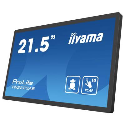 Monitor s nápisom '21,5"', značka 'iiyama'. Text 'ProLite' a 'TW2223AS'. Symboly pre PCAP technológiu a viacnásobný dotyk.