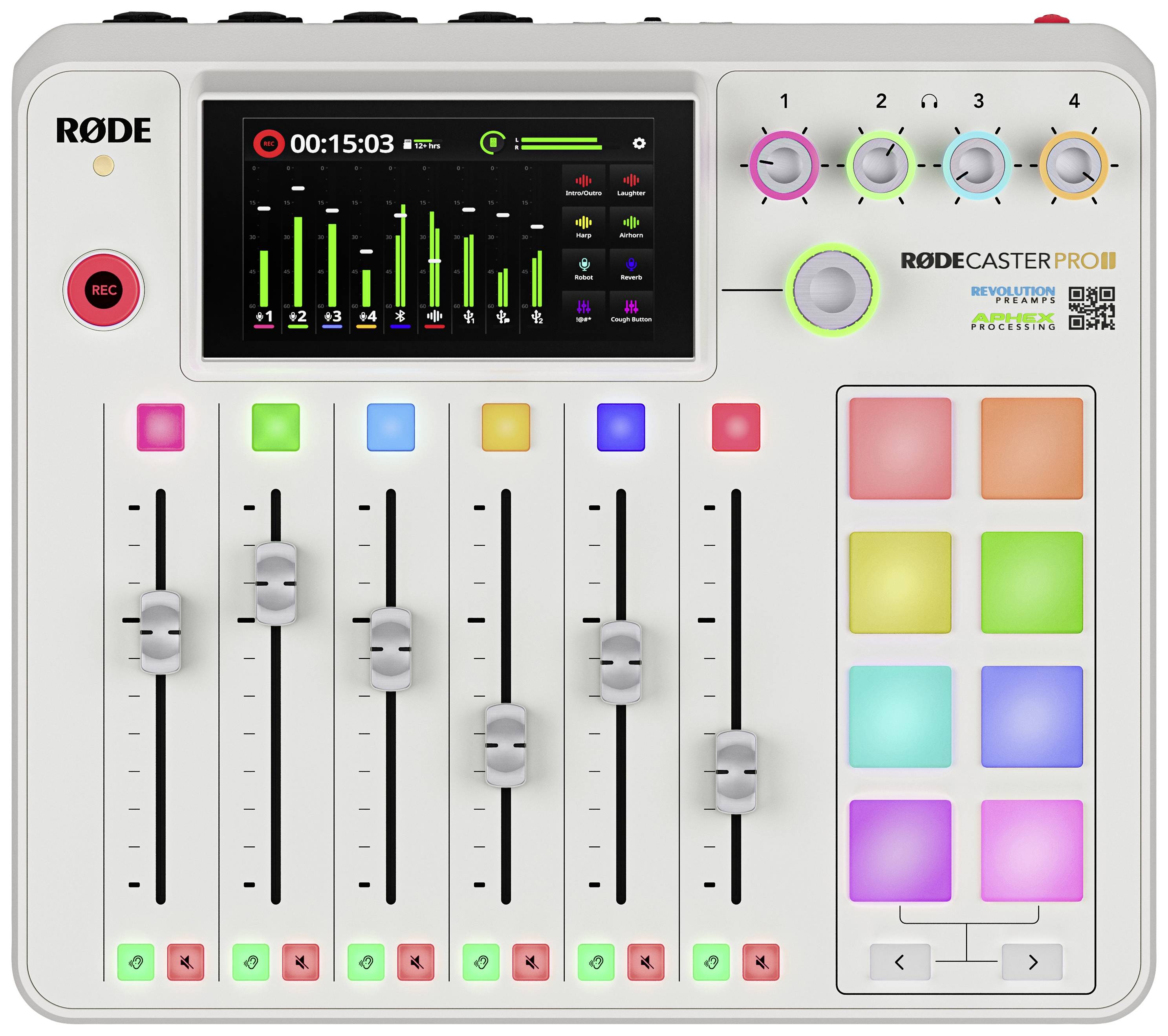 RØDECaster Pro II - viackanálový audiomixpult s farebnými ovládačmi a tlačidlami na ovládanie a úpravu nahrávania.