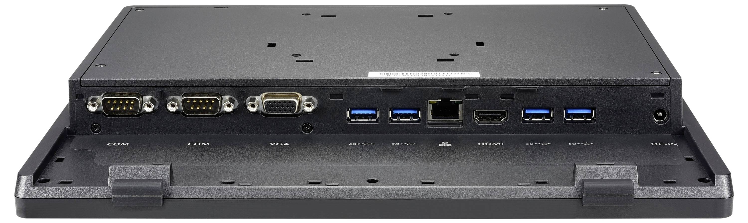 Zadný pohľad monitora s viacerými portami: dva sériové porty, VGA, štyri USB porty, Ethernet, HDMI a audio port.