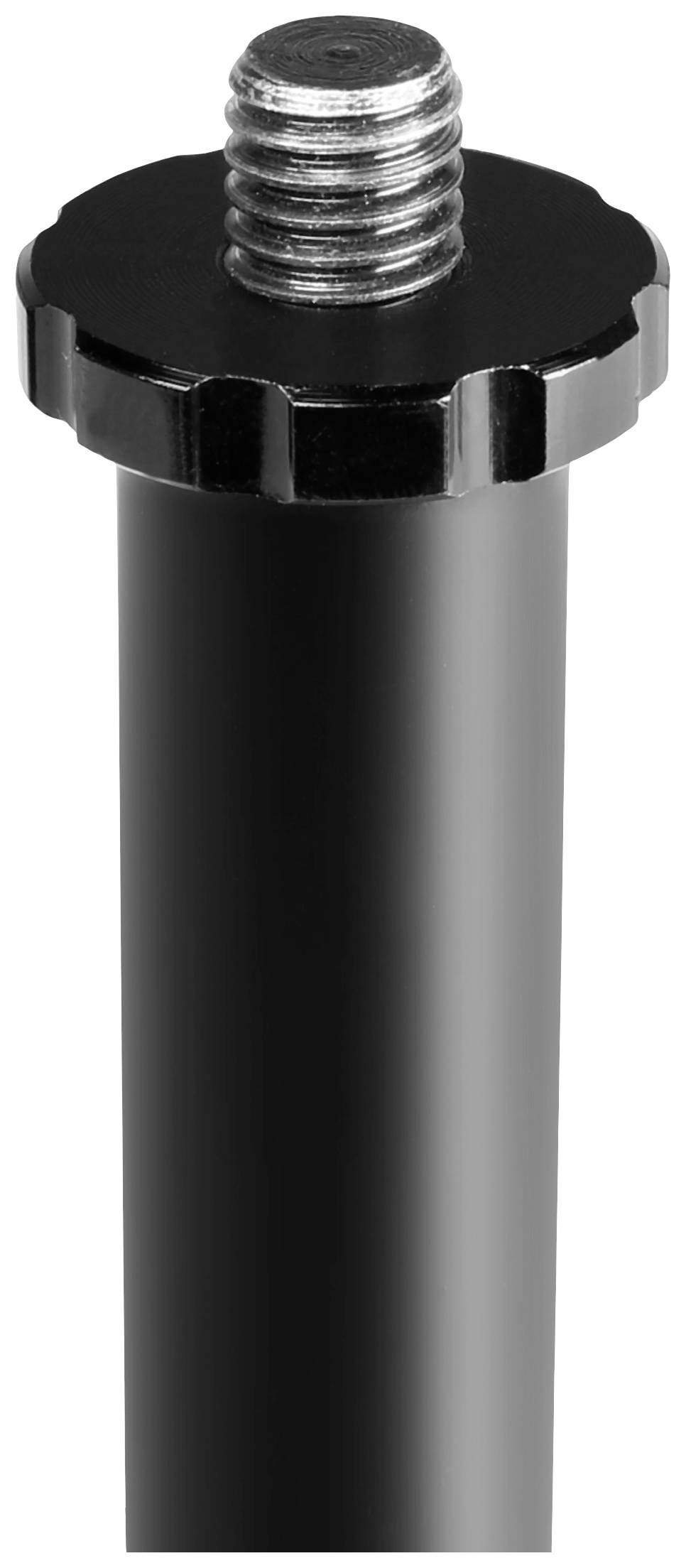 Čierny kovový stĺpik so závitovým čapom na vrchu, pravdepodobne súčasť statívu alebo montážneho mechanizmu.