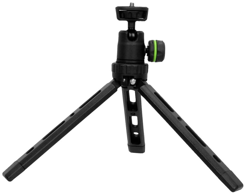 Malý, čierny, skladací trojnožkový statív s zeleným otočným mechanizmom na vrchu, vhodný pre fotoaparáty alebo smartfóny.