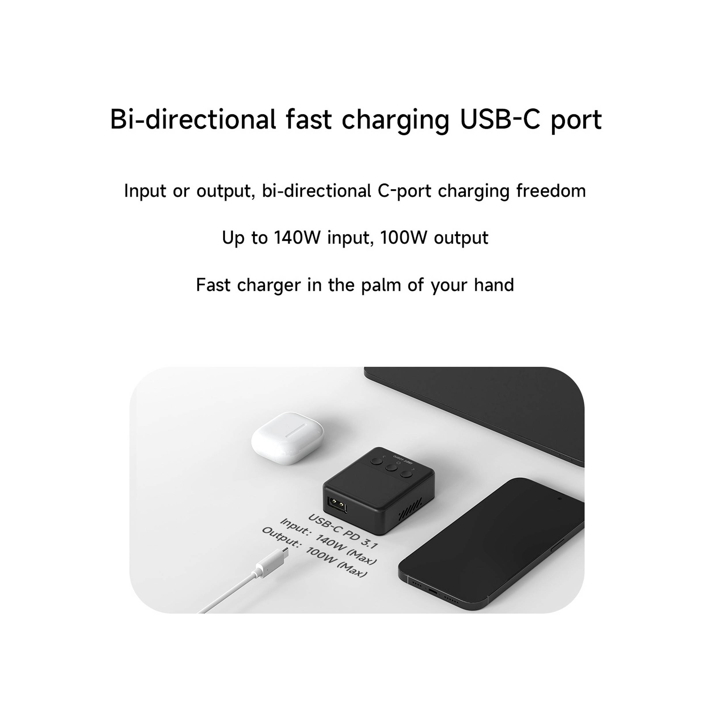 Obojsmerný USB-C rýchlonabíjací port pre vstup a výstup až do 140 W. Kompaktný dizajn pre mobilné nabíjanie.