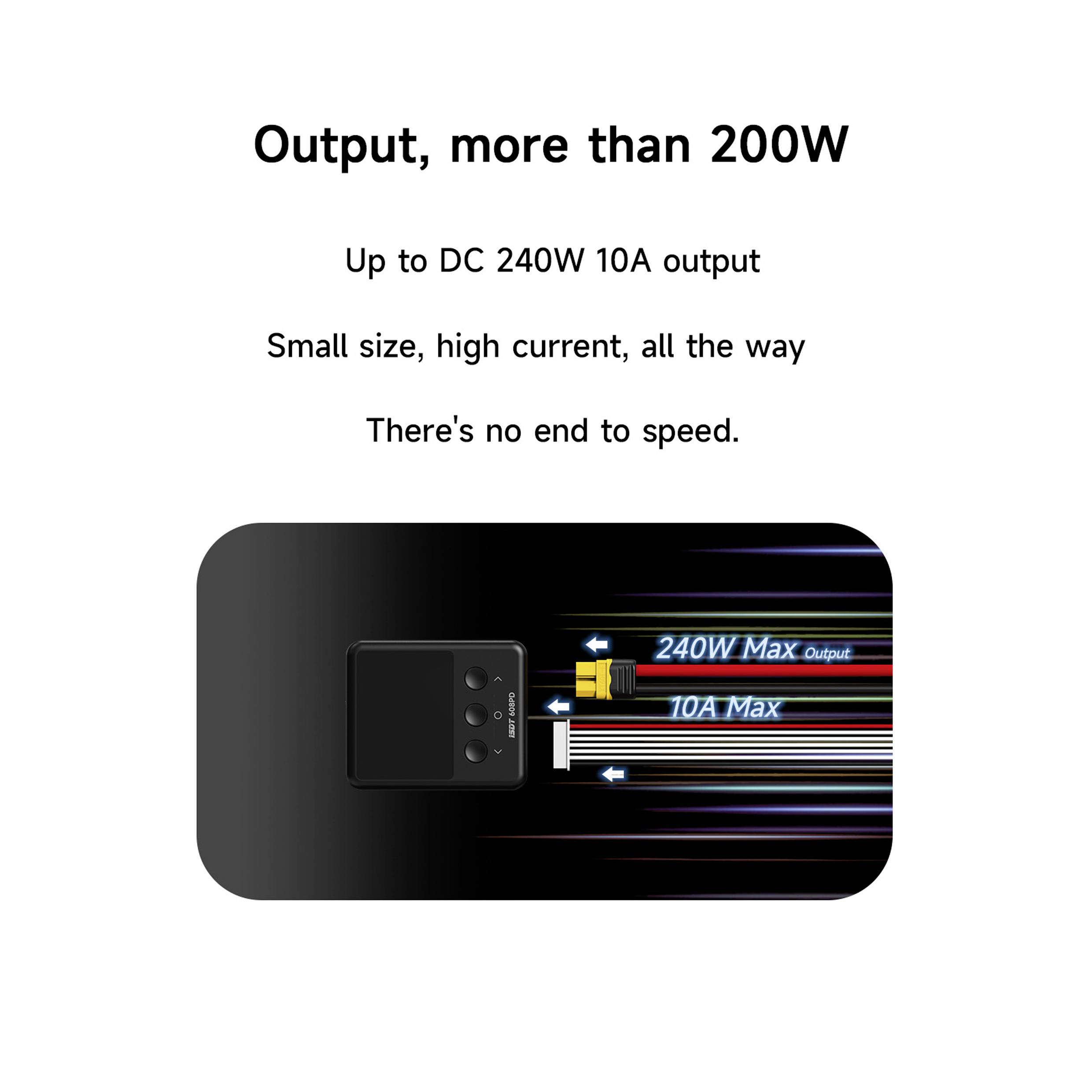 Čierne zariadenie zobrazuje '240W Max Výstup' a '10A Max'. Text popisuje 'Výstup, viac ako 200W', so zameraním na výkon a rýchlosť.
