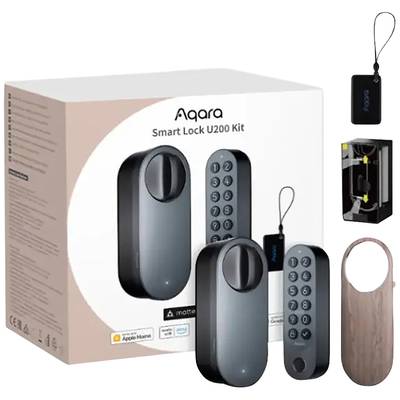 Aqara Smart Lock U200 súprava v balení so zobrazením zámky a príslušenstva. Hlavná výhoda: Kompatibilné s Apple Home a Matter.