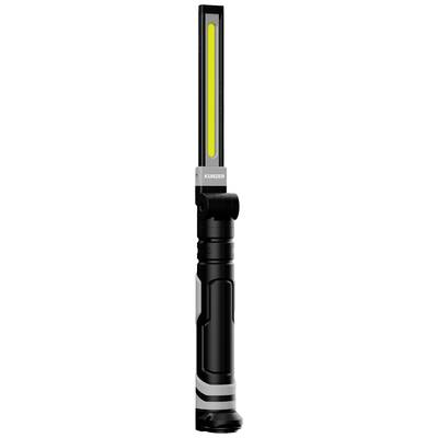 Čierna LED baterka s dlhým žltým svetelným pruhom, vhodná na cielenú ilumináciu v tmavých priestoroch.