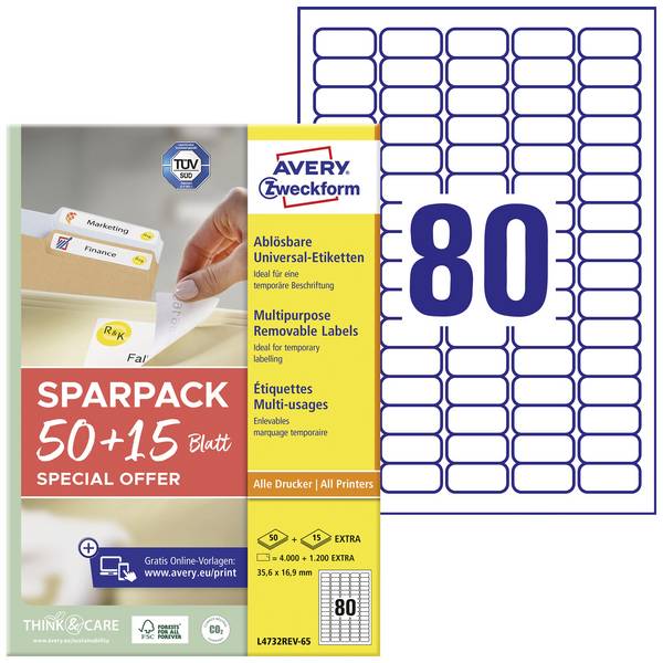 Avery-Zweckform L4732REV-65  35.6 x 16.9 mm papier  biela 65 listov premiestniteľné univerzálne etikety