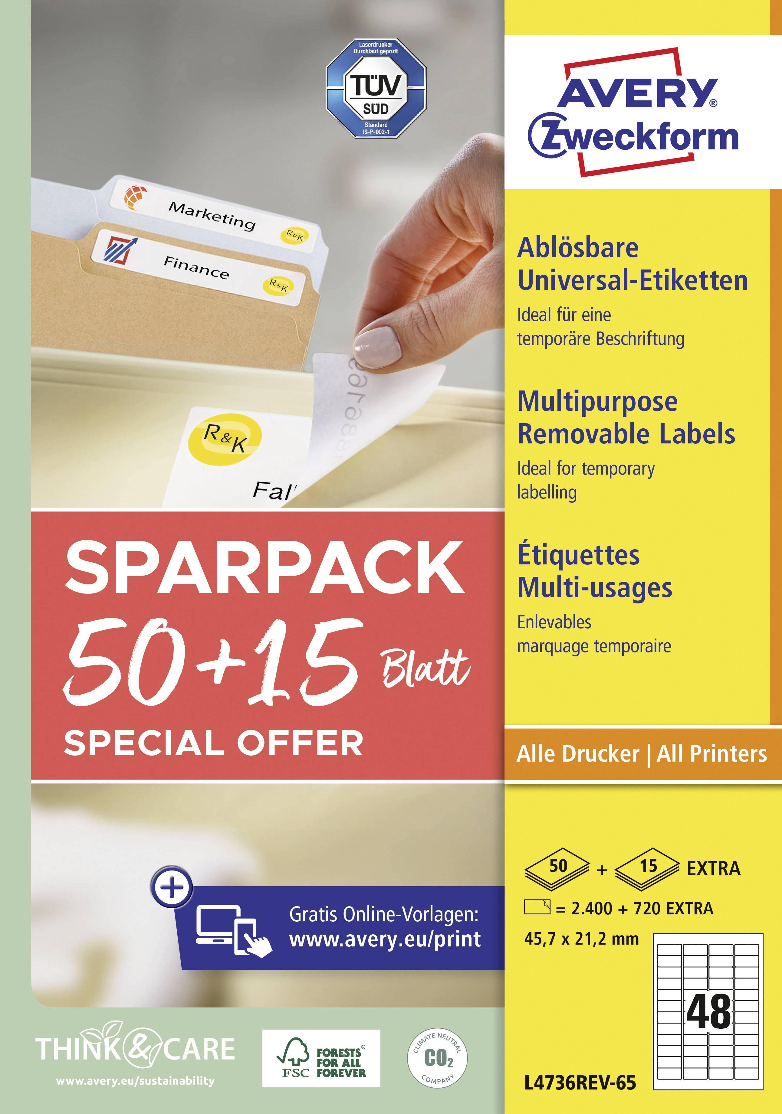 Etikety Avery Zweckform 'Sparpack 50+15 listov'. Všestranné odlepiteľné etikety, vhodné pre všetky tlačiarne. Zadarmo dostupné online šablóny.