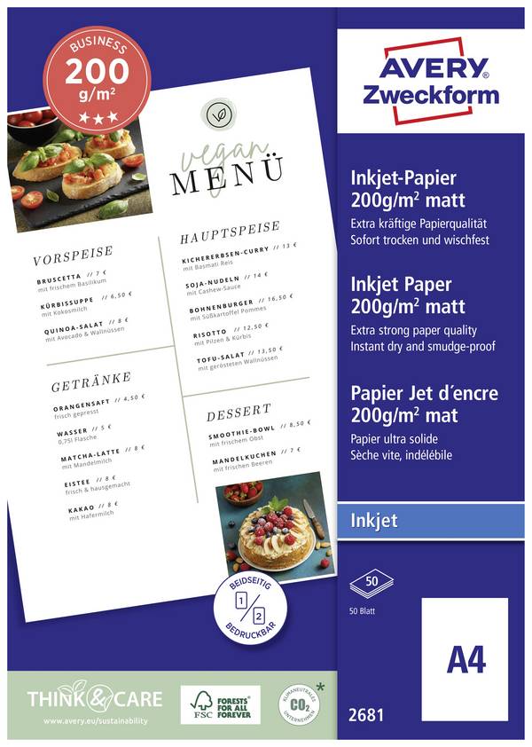 Avery-Zweckform 2681 2681 papier do atramentovej tlačiarne A4 200 g/m² 50 listov obojstranne potlačiteľný