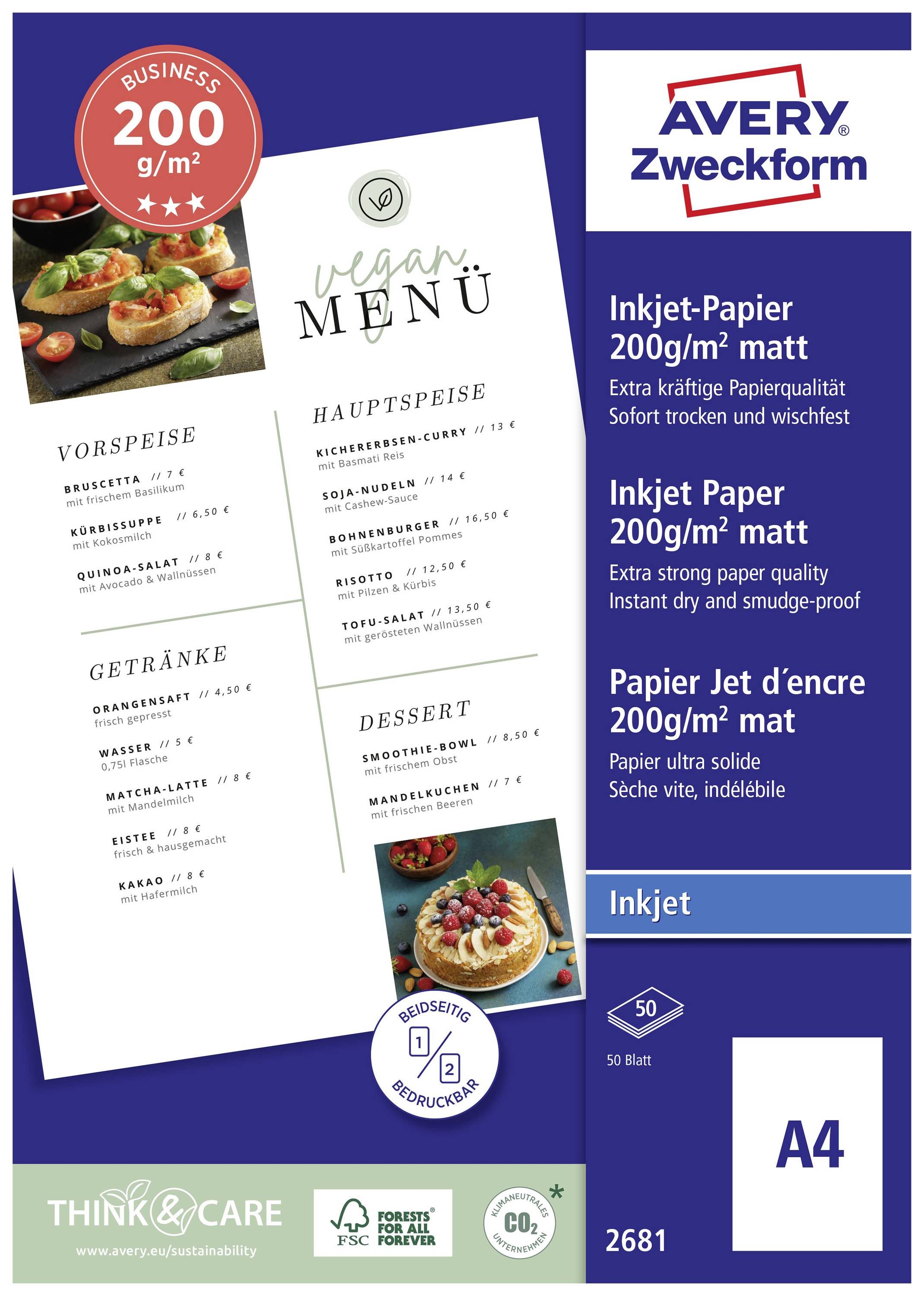Vegánske menu s kategóriami: Predjedlá, Hlavné jedlá, Nápoje, Dezerty. Ilustrované návrhy s ingredienciami na karte. Papier Avery Zweckform 200 g/m².