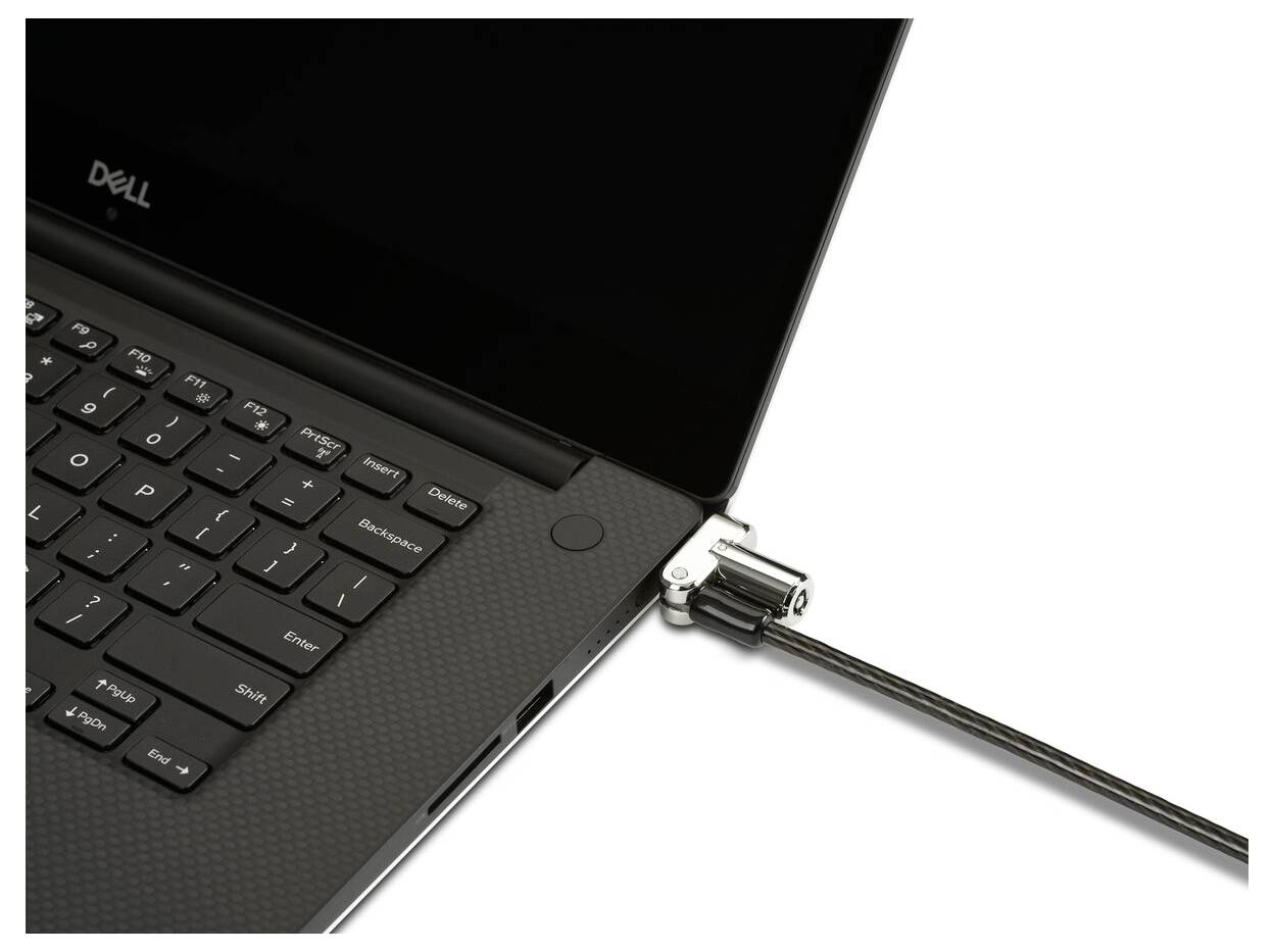 Dell notebook s bezpečnostným zámkom pripevneným vpravo hore, ktorý chráni notebook pred odcudzením. Klávesnica a obrazovka sú čiastočne viditeľné.