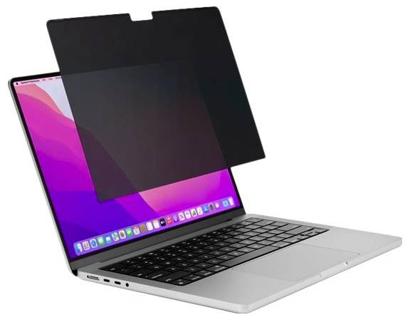 Laptop s otvorenou obrazovkou zobrazuje pracovnú plochu. Filter na ochranu súkromia je umiestnený pred obrazovkou, aby zabezpečil súkromie.