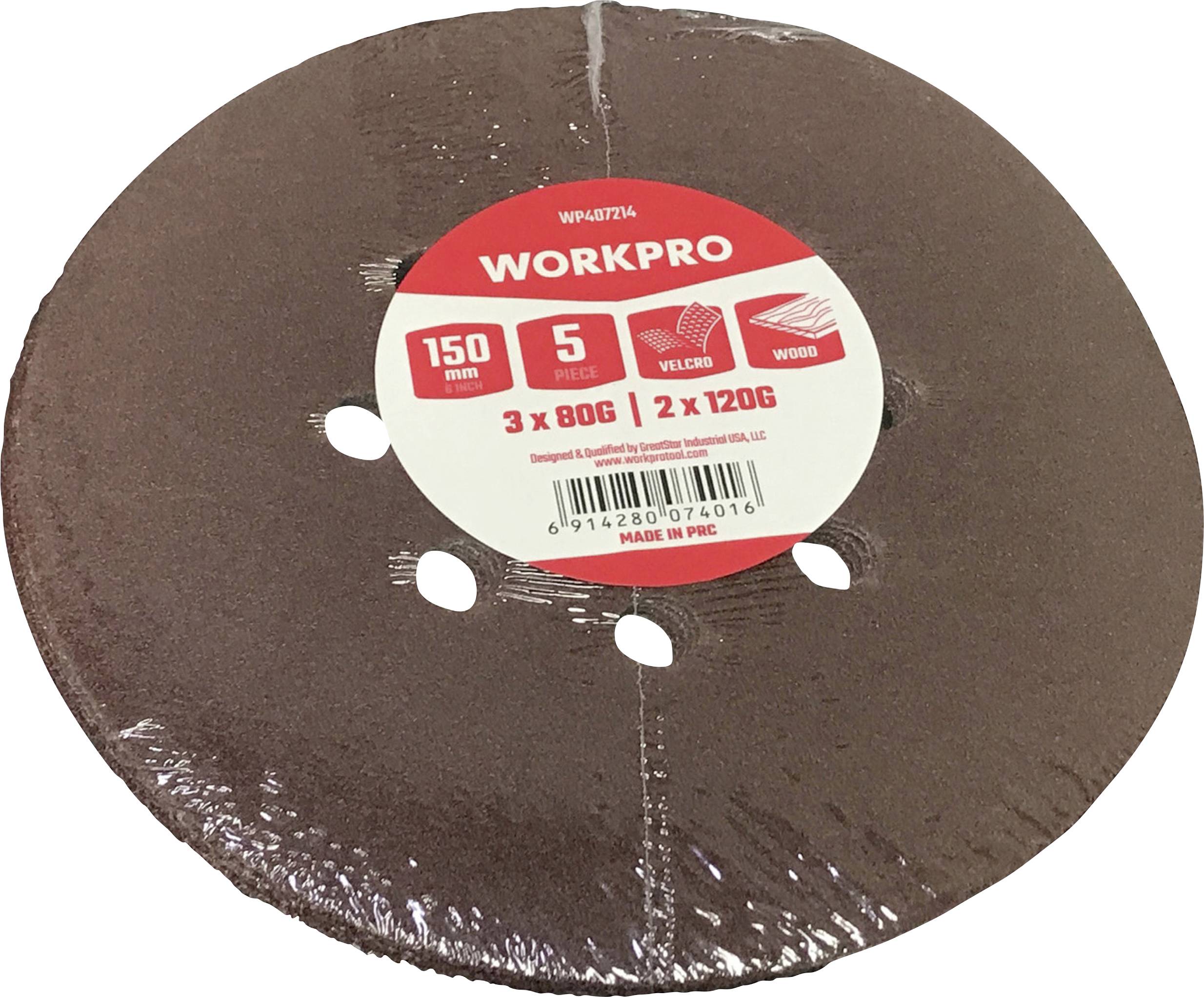 Brúsny kotúč s červenou etiketou, nápis 'WORKPRO'. Veľkosť: 150 mm. Obsahuje 5 kusov, zrnitosť 3x80G, 2x120G, vhodný na drevo.