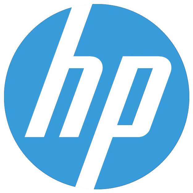 Modré kruhové logo s bielymi, štylizovanými písmenami 'hp' uprostred.