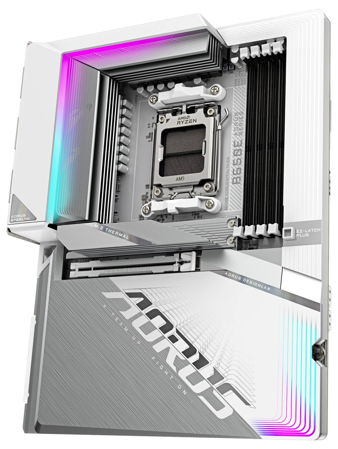 Základná doska vo farbe bieleho striebra s RGB podsvietením a logom 'AORUS', zobrazujúca CPU socket a sloty pre RAM pamäte, model 'X670E'.