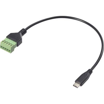 Čierny kábel s USB-C konektorom na jednej strane a zeleným viacpólovým konektorom na strane druhej.