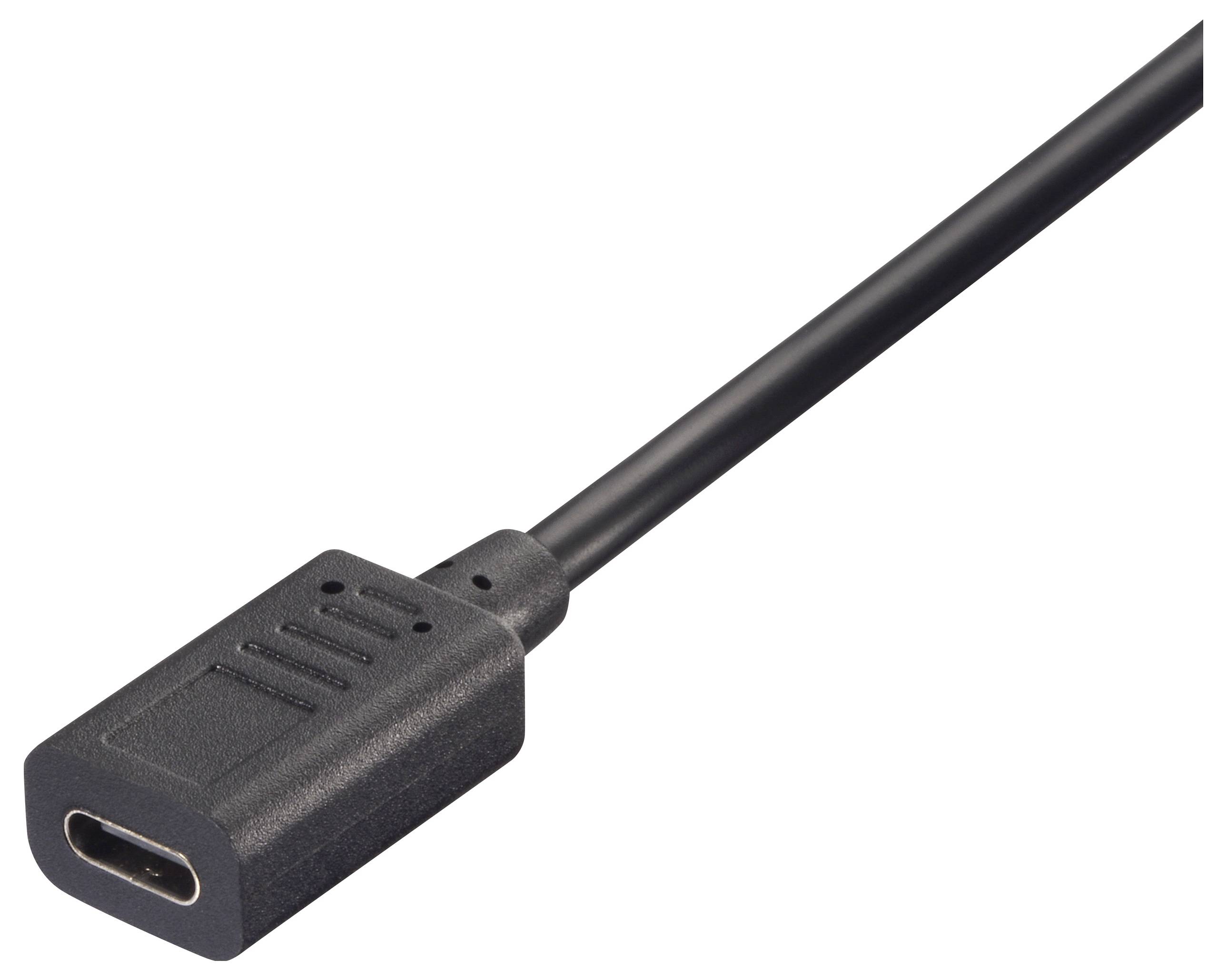 USB-C predlžovací kábel končiaci samiou zásuvkou. Čierny kábel na prenos dát alebo nabíjanie.