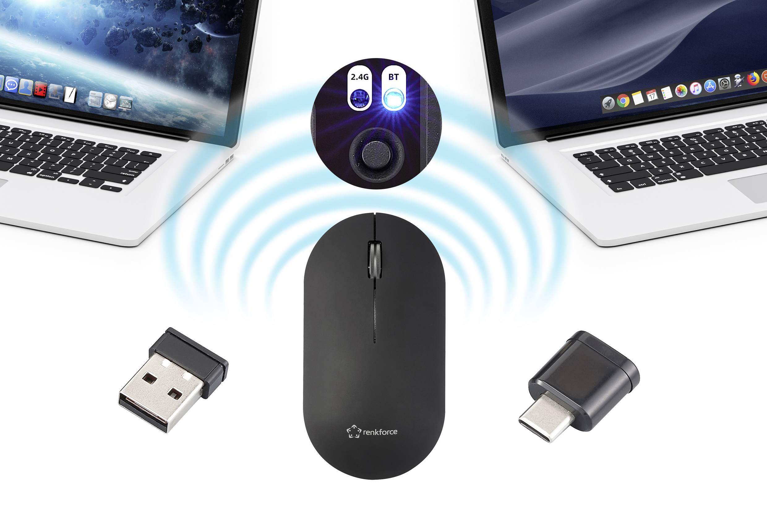Bezdrôtová myš s USB a USB-C donglov, zobrazená medzi dvoma laptopmi. Stavový indikátor pre 2.4G a Bluetooth pripojenie svieti.