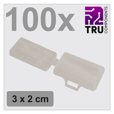 Na obrázku je znázornených 100 priehľadných plastových puzdier značky TRU Components, veľkosti 3 x 2 cm.
