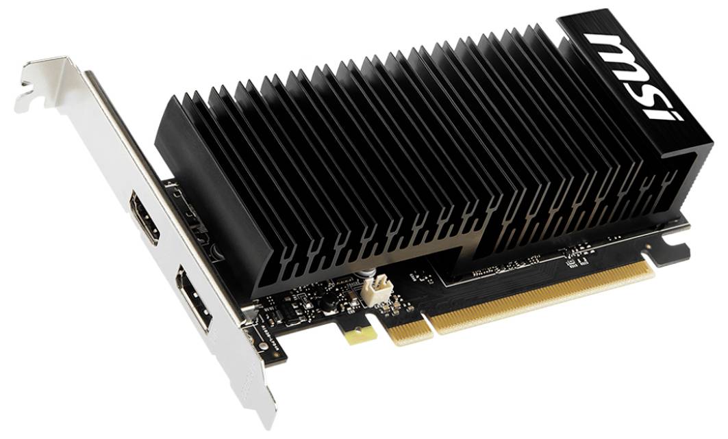 Čierna grafická karta MSI s chladičmi, PCIe konektorom a výstupnými displejovými portami. Slúži na grafické spracovanie v počítačoch.