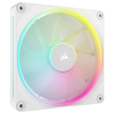 Biely počítačový ventilátor s farebným RGB podsvietením v odtieňoch modrej, zelenej, žltej a ružovej.