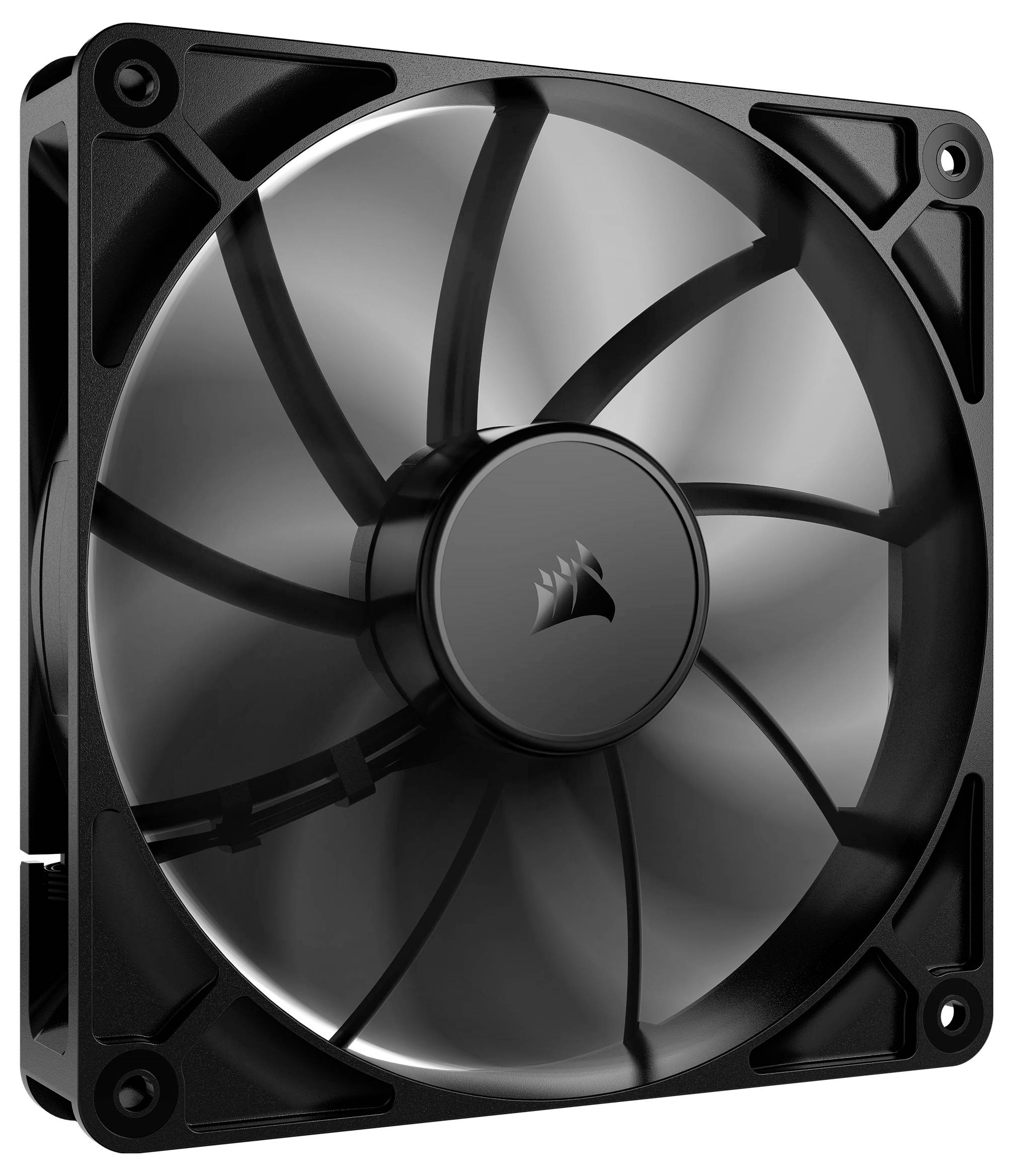 Počítačový chladič ventilátor v čiernej a sivej farbe, s deviatimi lopatkami rotora, v štvorcovom kryte.