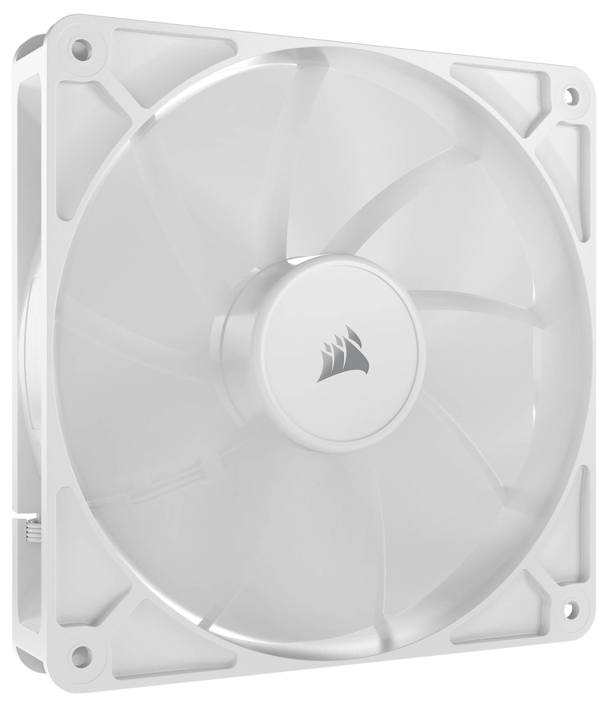 Biely počítačový ventilátor s firemným logom uprostred, namontovaný v ráme so štvorcovými upevňovacími prvkami.