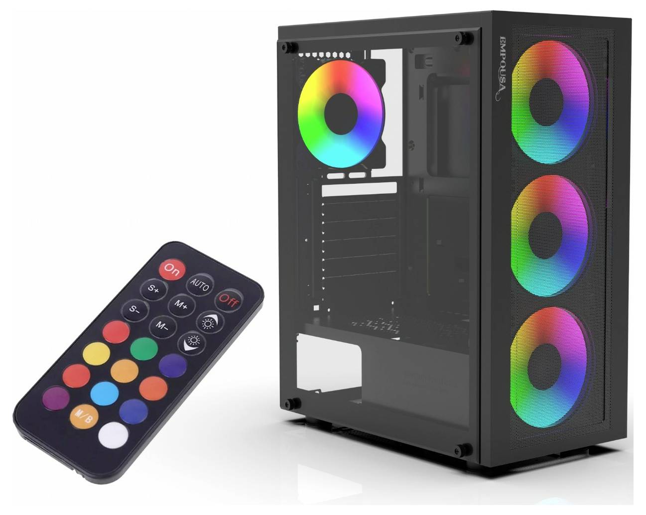 Čierna počítačová skrinka s tromi RGB LED ventilátormi na prednej strane a jedným na zadnej strane. Vedľa leží diaľkový ovládač na ovládanie LED podsvietenia.