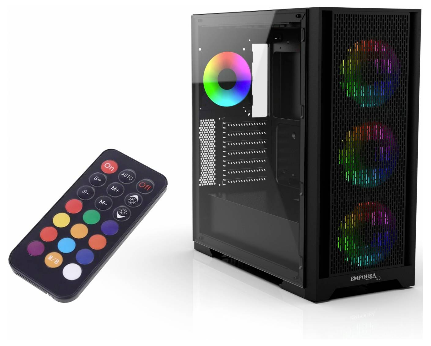 Čierna počítačová skrinka s RGB vetrakmi a diaľkovým ovládačom. Ventilátory svietia v rôznych farbách.