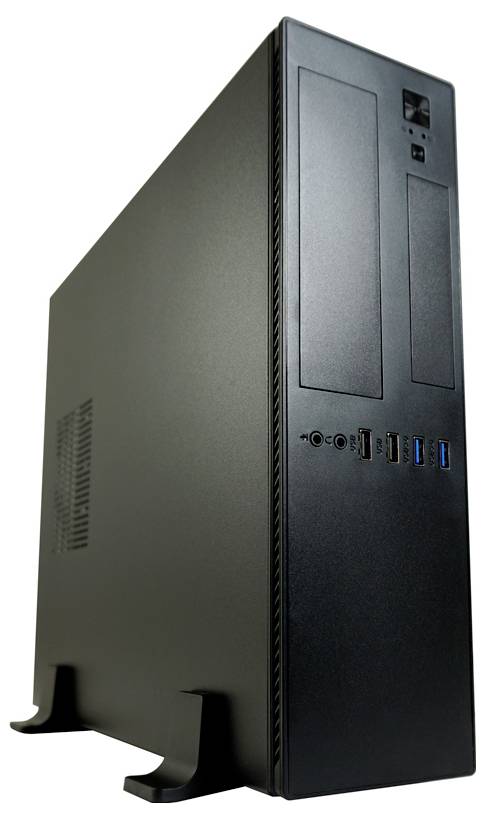 Čierna počítačová skrinka vo veži s viacerými USB portami a vetracími otvormi, umiestnená na podstavci.