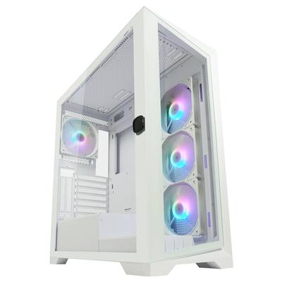 Biele počítačové skrine s bočným oknom a tromi svietiacimi RGB ventilátormi; moderne a štýlovo navrhnuté.