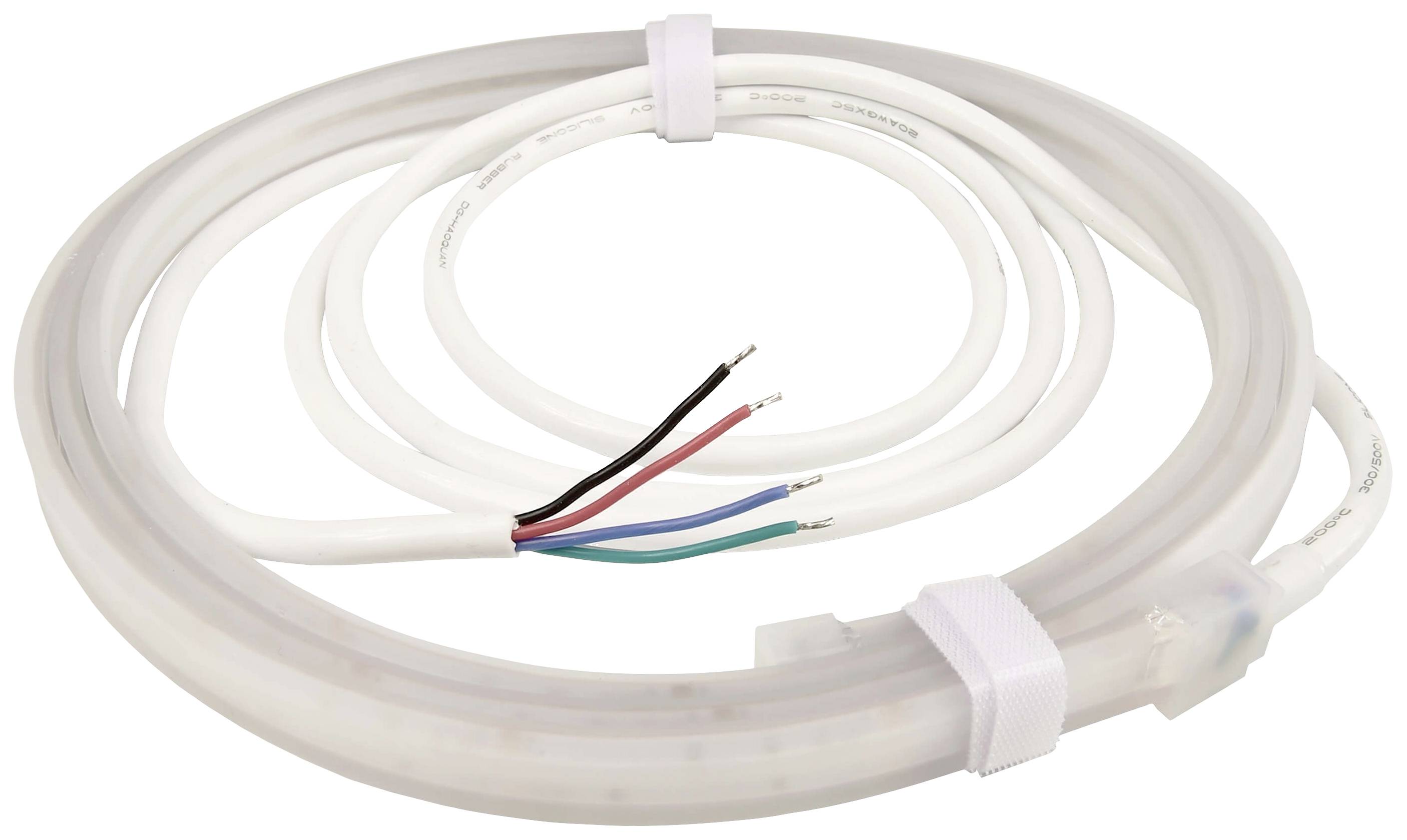 Zvinutý LED svetelný pás s viacerými vodičmi pre pripojenie: červený, čierny, modrý a zelený.