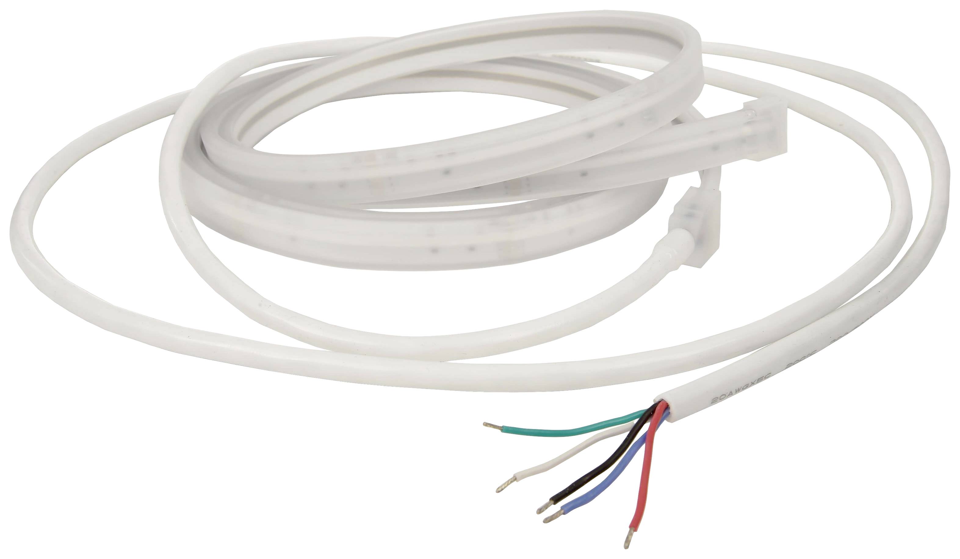 Zvinutý LED pás s voľne vyčnievajúcimi drôtmi, ktoré sa ligocú do červena, modra, zelena ahneda.