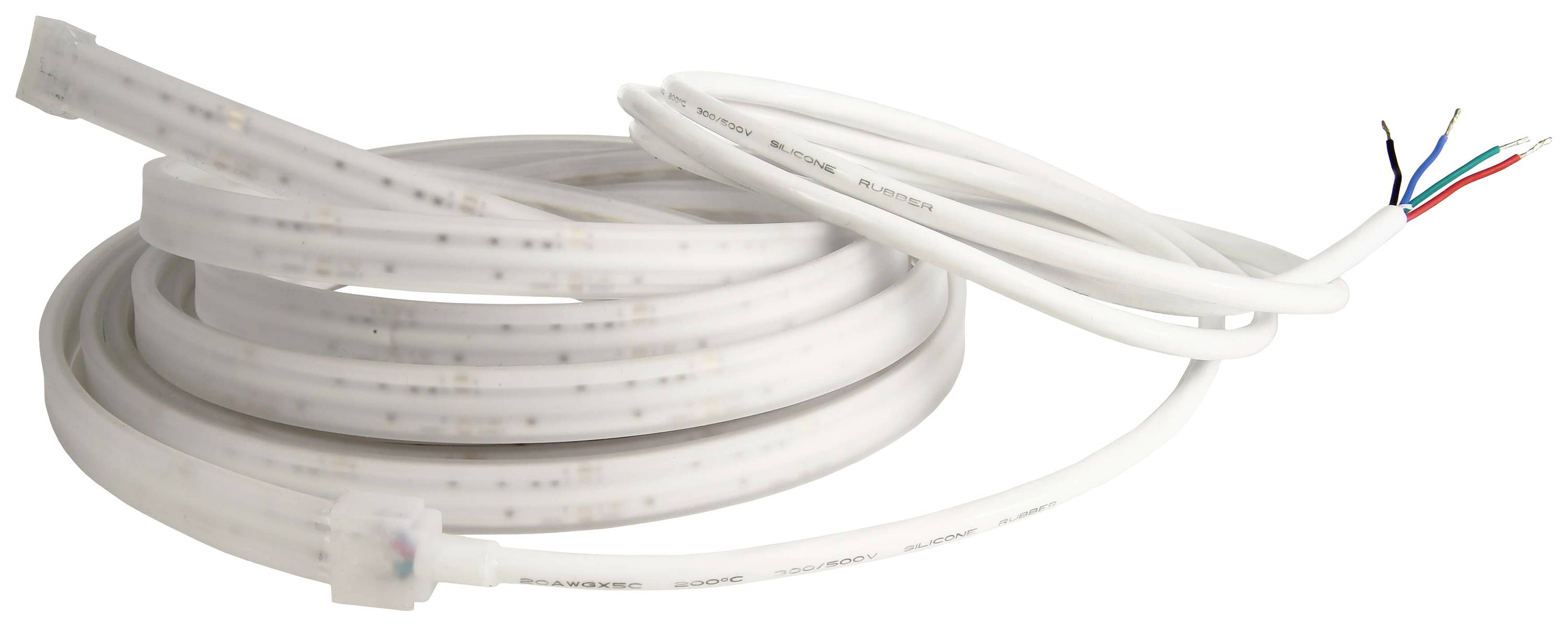 Navinutá biela LED svetelná lišta so štyrmi odizolenými koncami káblov v čiernej, modrej, červenej a zelenej farbe na bielom pozadí.