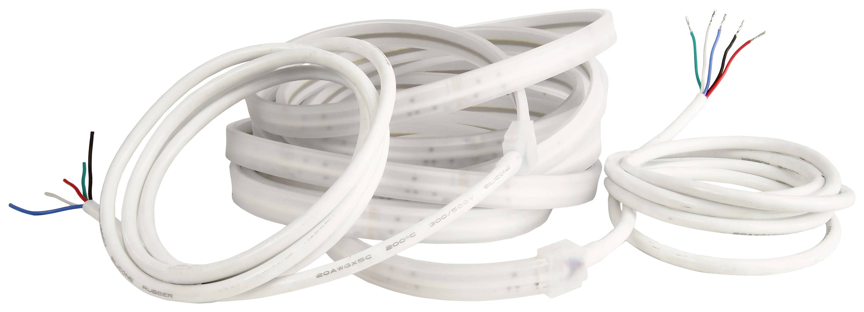 Biele LED pásy s odkrytými koncami káblov, pripravené na inštaláciu. Sú zvinuté a na koncoch majú farebne označené vodiče.