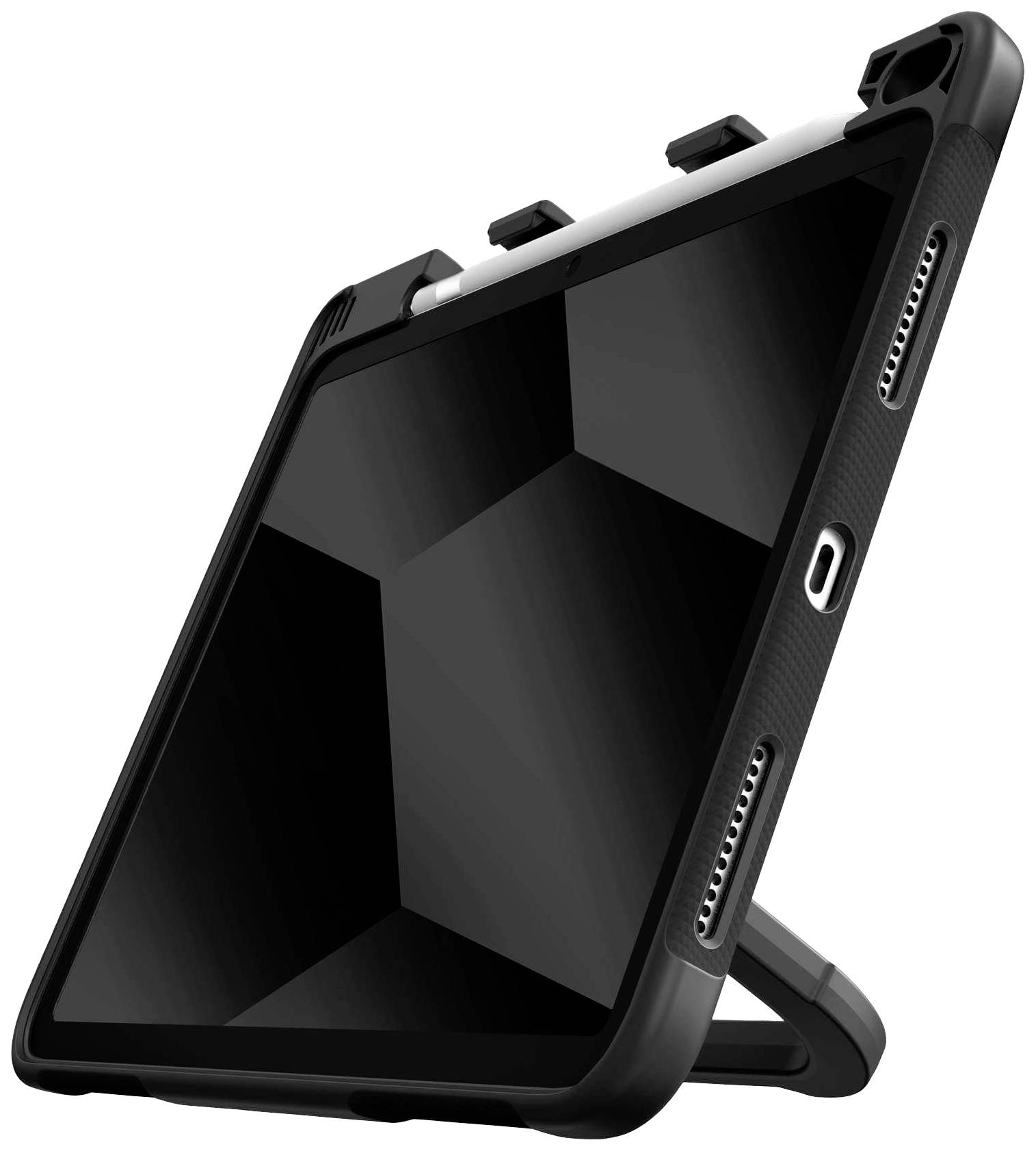 Tablet v robustnom čiernom obale s integrovaným stojanom, bočným priestorom na pero a zreteľne oddelenými reproduktormi.