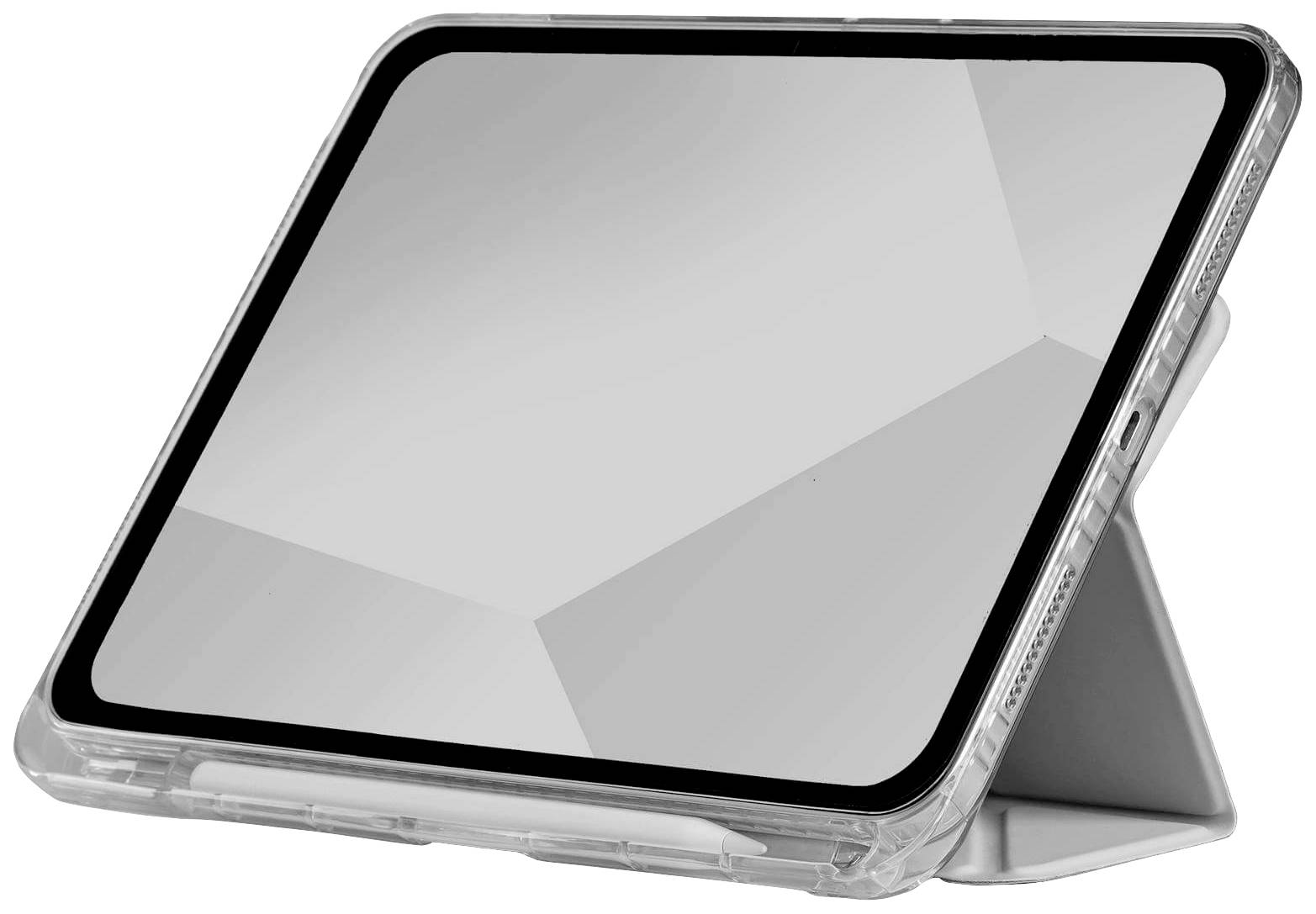Tablet v ochrannom obale so stojanom, postavený vzpriamene, zobrazuje prázdny, zrkadliaci sa displej.
