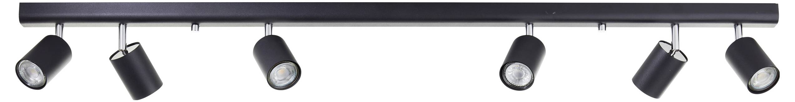 Čierne kovové stropné svietidlo so systémom piatich nastaviteľných valcovitých lámp, ideálne pre cielené osvetlenie.