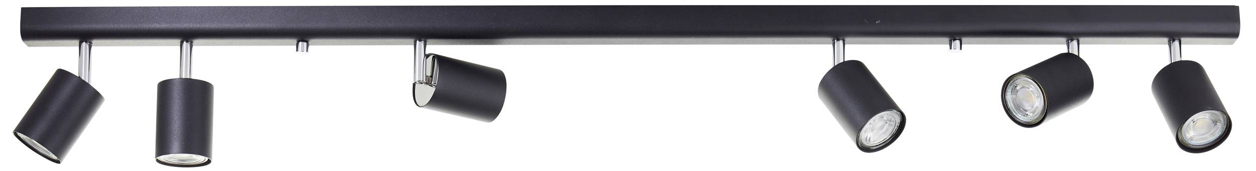 Čierna stropná lišta s šiestimi nastaviteľnými reflektormi na osvetlenie miestností.