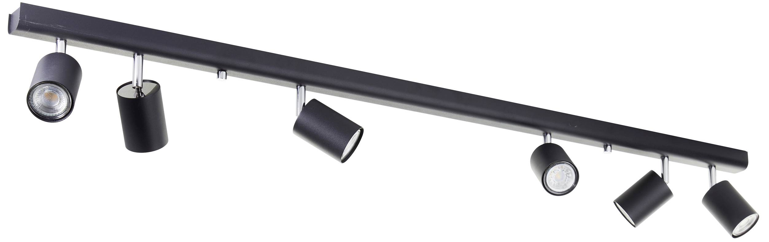 Čierne stropné svetelné systém so šiestimi nastaviteľnými, valcovitými svetlami, namontovanými na priamej koľajnici.